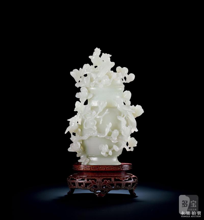 清 白玉雕山石花鸟盖瓶